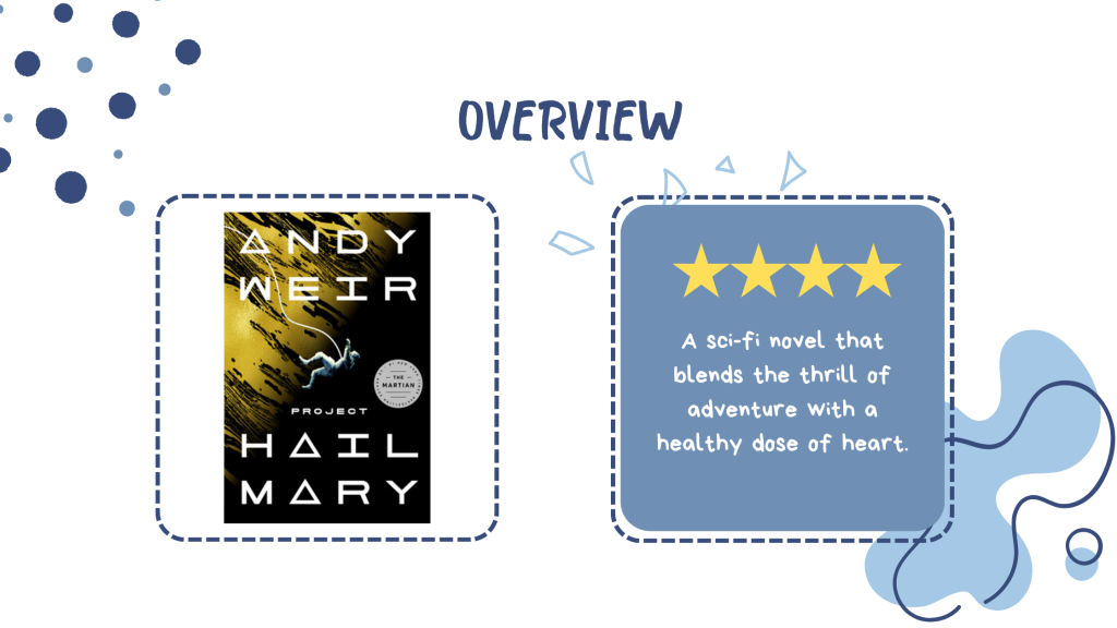 A graphic showing the cover of Project Hail Mary by Andy Weir next to a box that says "4 stars. A sci-fi novel that blends the thrill of adventure with a healthy dose of heart."